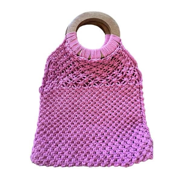 Crochet Tote Swim bag with Circle Wooden Handle Pink - Picture 1 of 4
